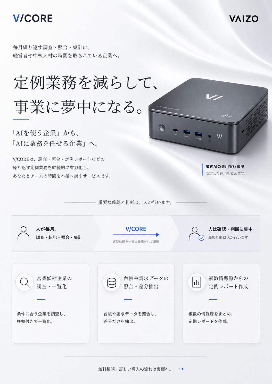 V/COREが定例業務を減らし、事業に集中するためのサービスであることを説明するイメージ