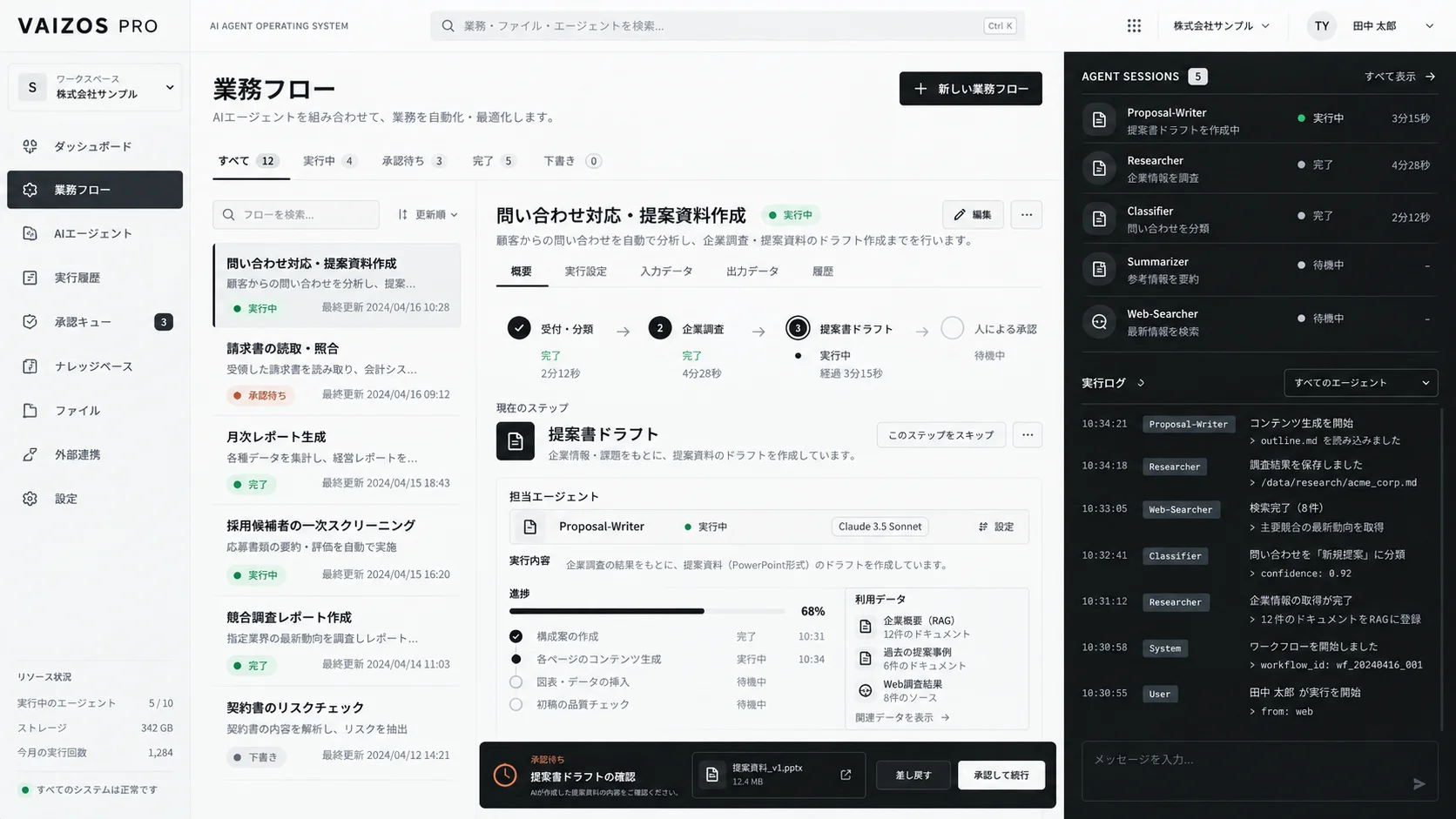 VAIZOS PROのUIコンセプト:業務フローと複数AIの実行状況を管理する画面